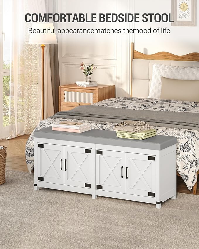 Shoe Storage Bench, 2 Tier Shoe Bench with Padded Seat Cushion & 4 Barn Doors, Entryway Bench with Adjustable Shelf, Farmhouse Shoe Cabinet for Living Room, Bedroom, White SB31203GY