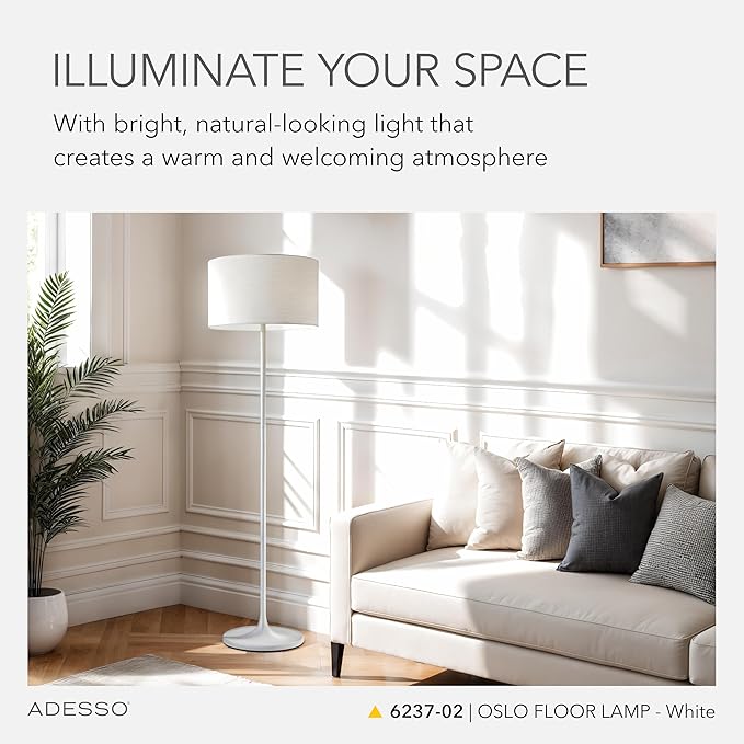 Adesso Floor Lamp with Scratch Proof and Corrosion Resistant Body - Perfect Lighting for Bedroom, Living Room and Corner Decor, Matte White