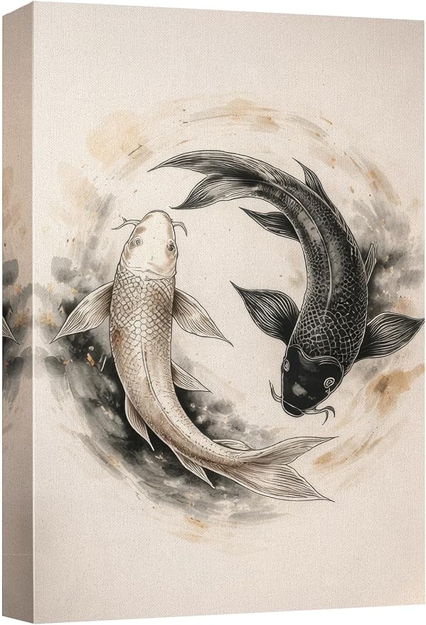 wall26 Canvas Print Wall Art Yin Yang Koi Fish Circle Minimal Asian Inspired Photography Realism Rustic Colorful Multicolor for Living Room, Bedroom, Bathroom - 16"x24"