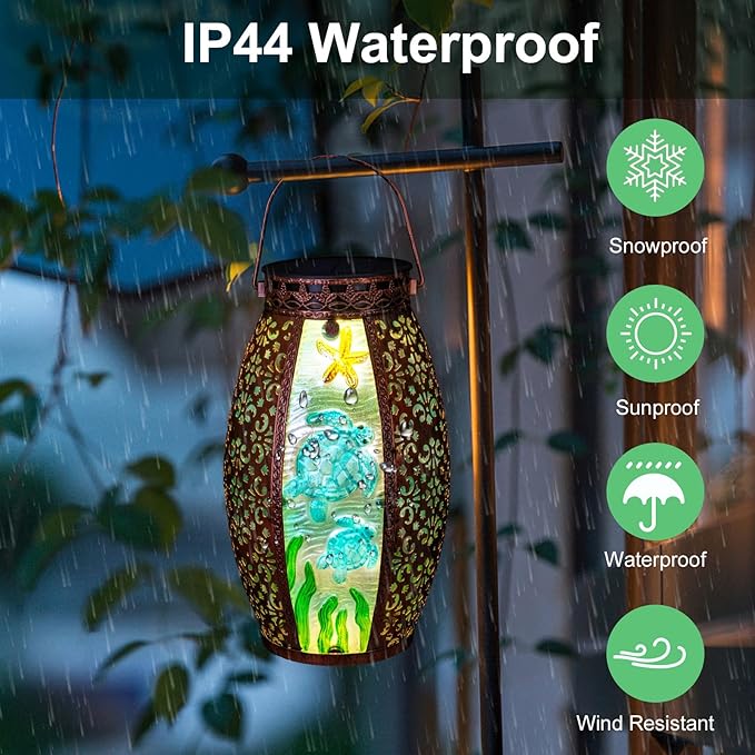Outdoor Solar Lantern-Waterproof Turtles Hanging Metal Decorative Lights for Patio Table Garden Pathway Yard with Super Bright Warm White LED,Large Solar Panels