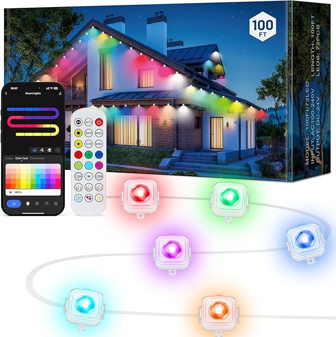 Permanent Outdoor Lights, DIY RGB+IC 100FT Smart Eave Lights with App Control, Support Alexa and Google Assistant, 72 Scene Modes Outdoor Light for Holiday Decorations, Ceiling Lights
