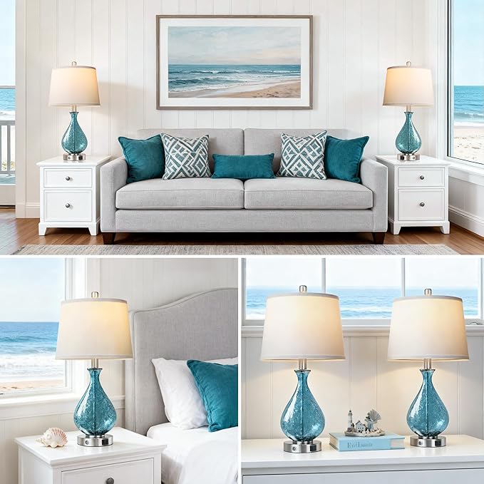 QiMH Glass Table Lamp for Living Room Bedroom Set of 2, 22.5" LED Light with Touch Control, Blue 3 Way Dimmable Modern Bedside Lamps for Home Decor with White Fabric Shade