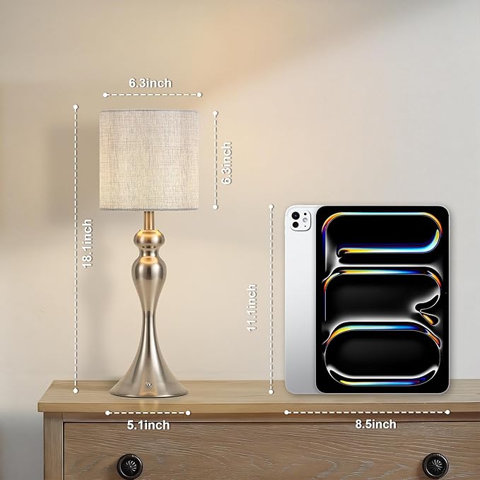 Table Lamp for Bedroom, Cordless Bedside Lamps for Living Room, Touch 3-Way Dimmable Desk Lamp for Night Stands, Rechargeable, Battery Operated Lamp with Fabric Shade for Dorm, Home Office (Nickel)