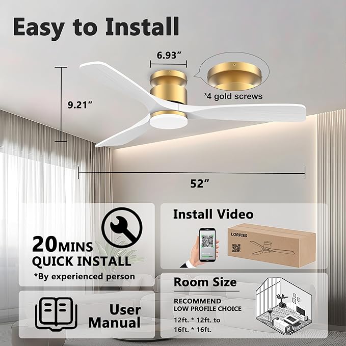 52 Inch Smart Low Profile Ceiling Fans,Solid Wood Outdoor Indoor Ceiling Fan with Lights Remote,WIFI Alexa App Control,Quiet DC Motor,Dimmable LED,Modern Flush Mount Fan for Bedroom Patio,Gold White