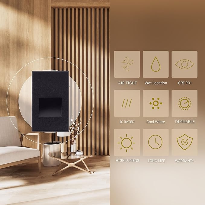 3W LED Vertical Step Lights, Black Finish, 120V Dimmable LED Stair Lights Indoor and Outdoor, 125 Lumens, CRI 90+, IP-65 IC Rated, ETL Listed, Cool White 4100k