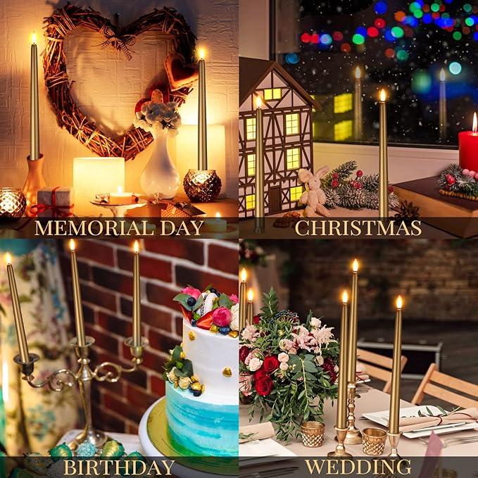 Macarrie 24 Packs Flameless Taper Candles Battery Operated Fake 11 Inch Long Candlelight LED Flameless Candlesticks Flickering Tapered for Spring Summer Wedding(Gold)