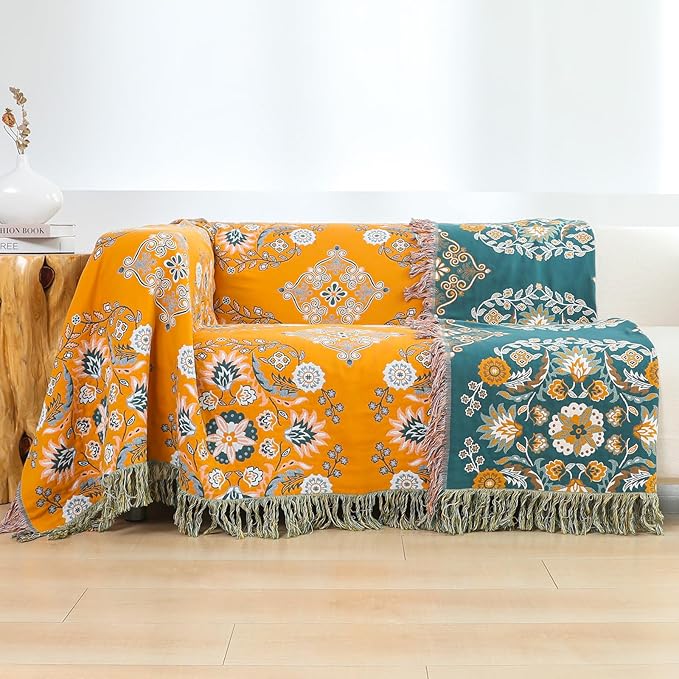 Boho Throw Blanket for Bed,100% Cotton Ultra Soft Lightweight Muslin 4-Layer Breathable Woven Throws 90''x 98'' Blanket Yellow Floral Farmhouse Decor Bed Blankets