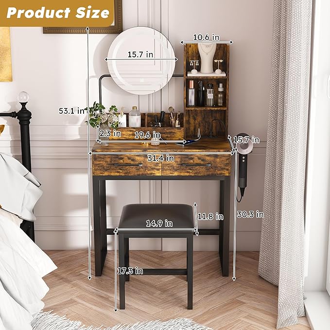Vanity Desk with Mirror & Power Outlet,3 Dimmable Colors Light Small Makeup Vanity Table Set with 2 Large Drawers & Chair,Adjustable Brightness Dressing Table for Girls Bedroom, Retro
