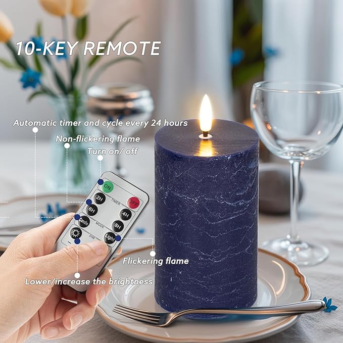 Blue Flameless Pillar Candles, Battery Operated Candles with Remote, Real Wax Flickering LED Candles for Home Party Wedding Holiday Decor, Set of 4, Φ 3" H 4" 5" 6" 8"