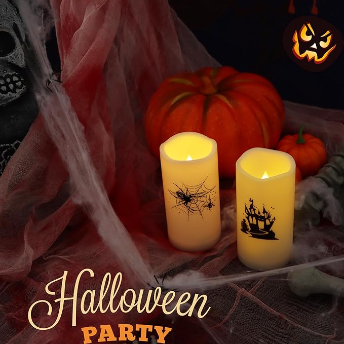 CANDLE CHOICE Outdoor Battery Operated Flameless Pillar Candles with Auto Daily Timer Waterproof Realistic Flickering Electric LED Lights with Spider Castle Decals Halloween Decorations 3”X6” 2 Pack