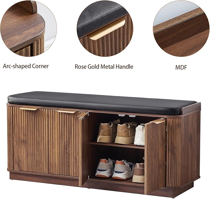 43.3''W Fluted Entryway Shoe Storage Bench with 4 Doors and Adjustable Shelf, 2-Tier Entry Bench Seat with Shoe Storage and Cushion, Shoe Cabinet Bench for End of Bed, Foyer, Hallway -Walnut