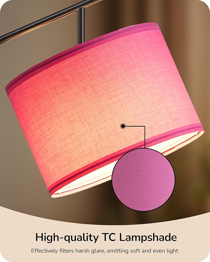 EDISHINE Modern Floor Lamps for Living Room, 64.7" Minimalist Standing Lamp with 3 Color Temperatures Bulb & Adjustable Linen Shade, Foot Pedal Switch, Arc Tall Lamp for Office Bedroom, Pink Shade