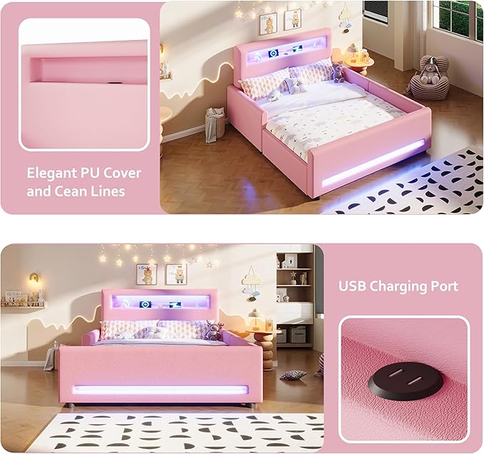 MERITLINE Full Size Upholstered Platform Bed with Drawer, App-Controlled RGB LED Light Strip & USB Port, PU Fabric Storage Bed (Pink) | LED light, Storage Drawer