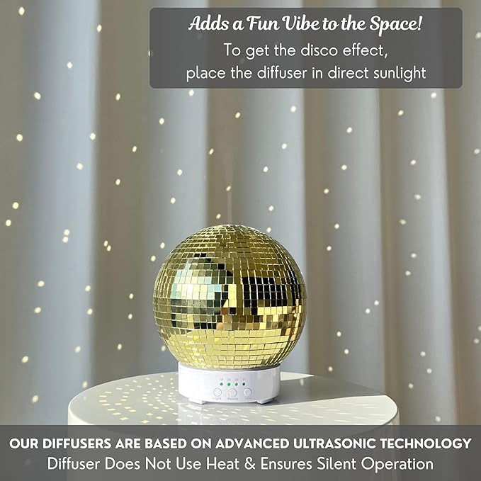 Disco Ball Diffuser Rotating - 300 ML Mirror Ball Oil Diffuser, Essential Oils Diffusers for Home, Novelty Mirrorball Ultrasonic Diffuser for Bedroom | Aromatherapy Diffuser for Large Room Gold