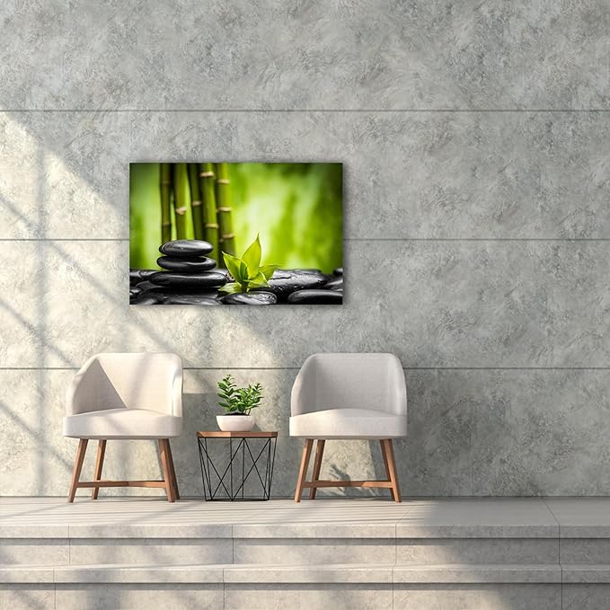 GUTTATY Zen Wall Art Decor, Modern Bathroom Zen Decor Wall Art, Relaxing Canvas Wall Art for Spa Zen Room Decor, Green Bamboo Forest and Pebble Art Prints for Office & Spa Wall Decor 18x24 Inches