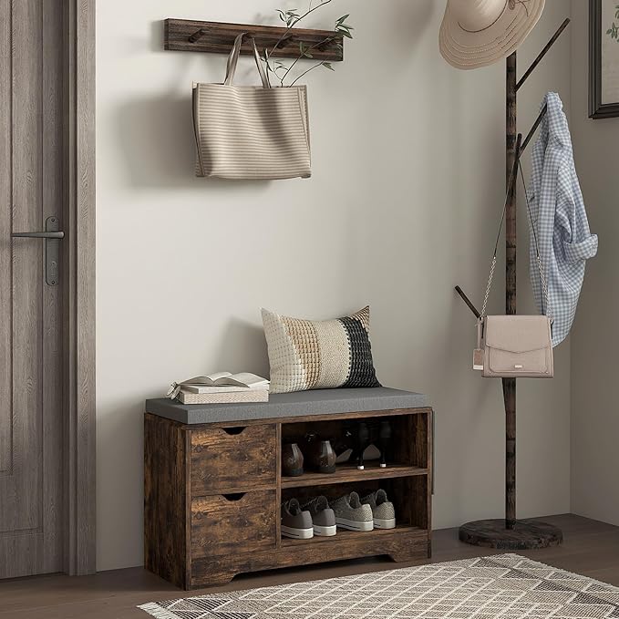 HOMCOM Shoe Bench with Storage, Modern Upholstered Entryway Bench with Open Shelves, Drawers and Pocket for Living Room, Hallway, Rustic Brown