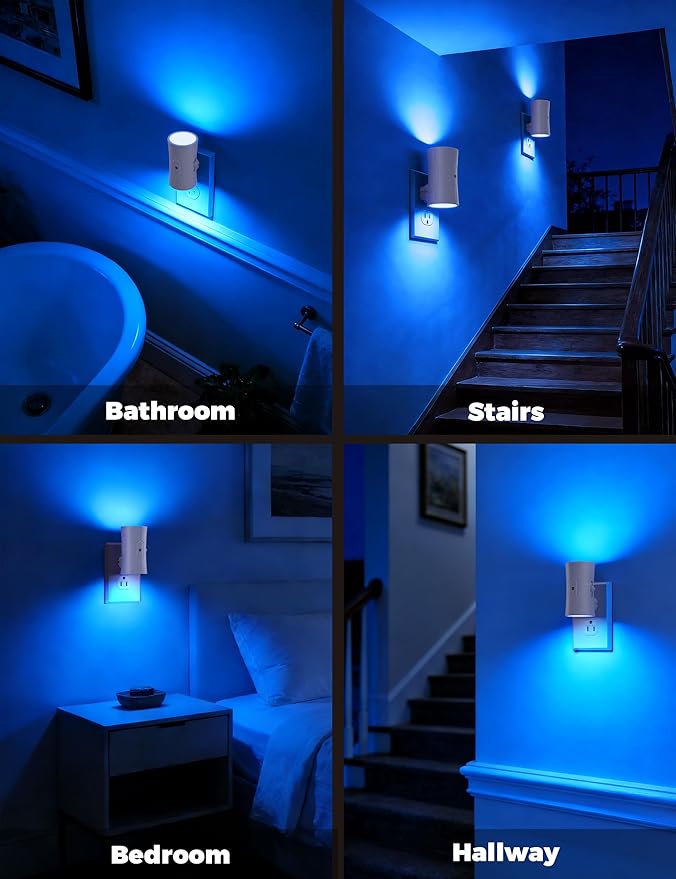 Night Light, LED Night Lights Plug into Wall 2 Pack Blue 0-100LM Adjustable Brightness Light Sensor Plug in Night Light for Hallway, Bathroom, Adult