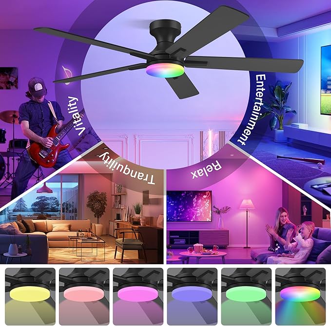 52 Inch Ceiling Fans with lights,RGB Low Profile Ceiling Fan with Light and Remote Control,APP,Black Flush Mount Ceiling Fans for Small Bedroom,Patio,Porch,Outdoor Indoor Use,5 Blades,Dimmable,Quiet