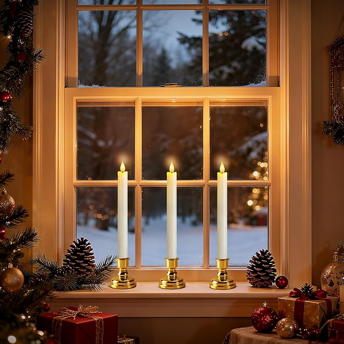6 Pcs Window Candles with Remote and Timer, White Battery Operated Candlesticks with Gold Holders, LED Christmas Candle for Window Home Xmas Holiday Decor