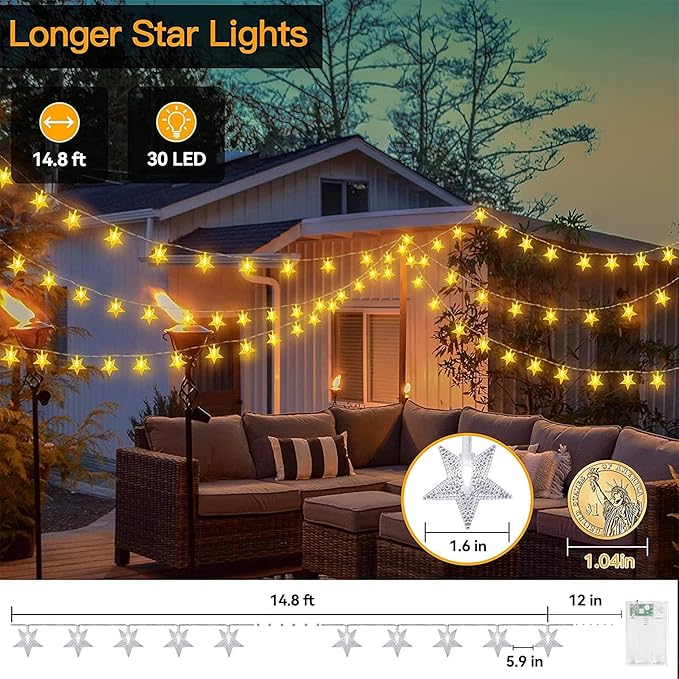 ITICdecor Star String Lights 15 FT 30 LED Fairy Christmas Light Battery Operated Indoor Outdoor Twinkle Lights Bedroom Decor for Party Wedding Xmas Tree (Warm White)