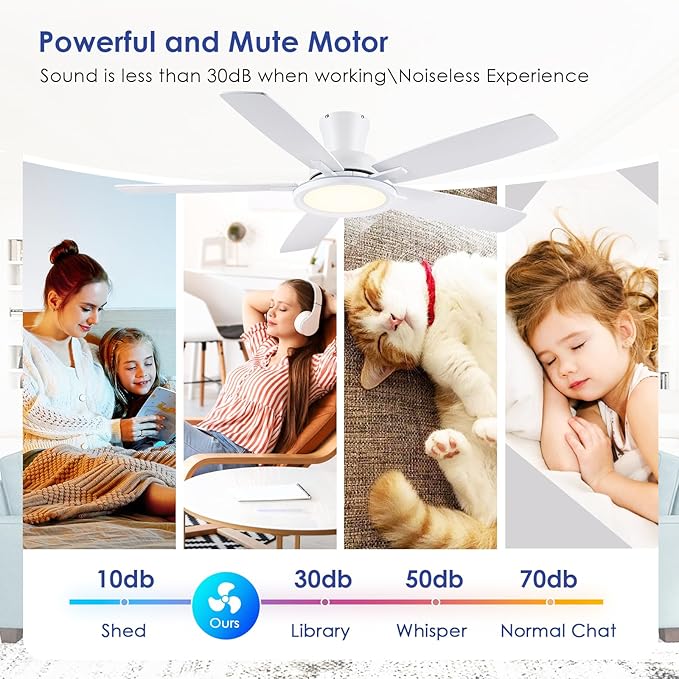 Flush Mount RGB Ceiling Fan with RGB Light - 52In White Ceiling Fan Light with Reversible Mute Motor, 3CCT LED Dimmable, Low Profile Modern Ceiling Fans for Indoor, Party, Living Room