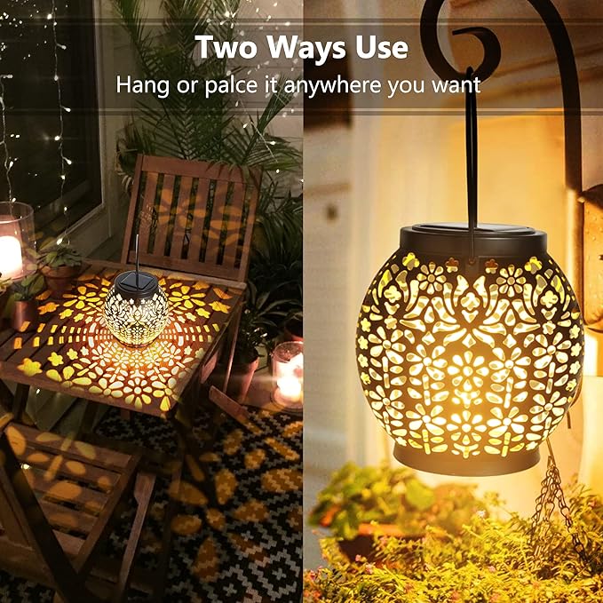 ODEETRONIC 2 Pack Warm White Outdoor Hanging Solar Garden Lanterns with Star Projection, Retro Hollowed-Out LED Lights, Waterproof for Yard Patio Lawn Porch Pathway Garden