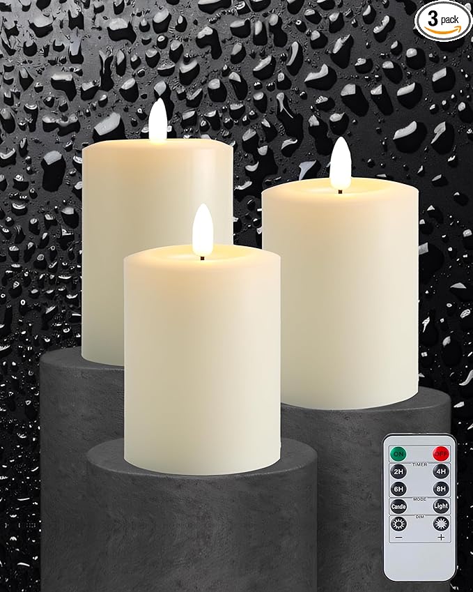 3"x4" Flickering Flameless Candles with Remote Timer, Real Wax, Ivory Pillar Candles, Set of 3 Fake LED Battery Operated Candles for Home, Fireplace, Centerpiece, Rustic and Farmhouse Decor