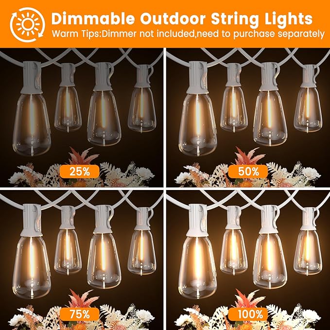 LED Outdoor String Lights 50ft ST38 White Waterproof Patio Lights with 25 Vintage Shatterproof Bulbs(2 Spare)