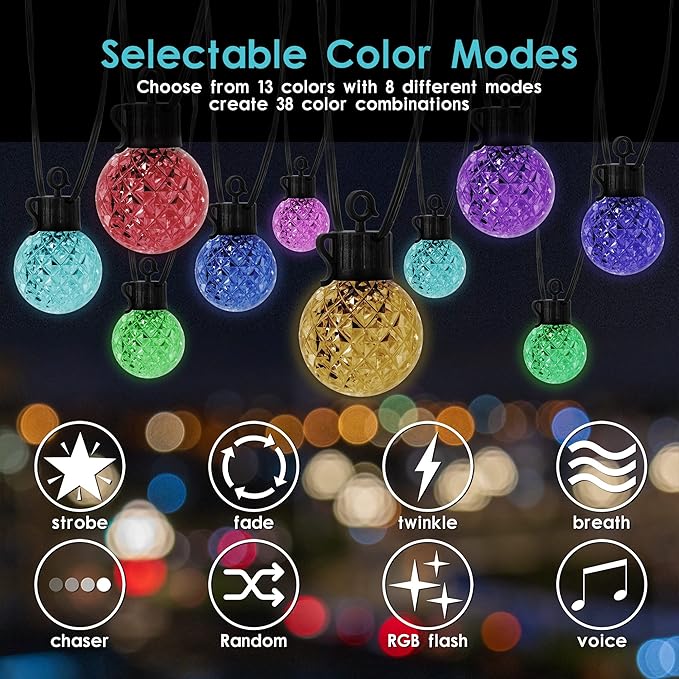 Solar Led Smart String Lights, 25 LED RGBW Bulbs Color Changing Patio String Light App Control IP65 Waterproof 8 Scene Modes 4 Music Modes, Bluetooth 15ft Globe Lights for Backyard Porch Party Decor