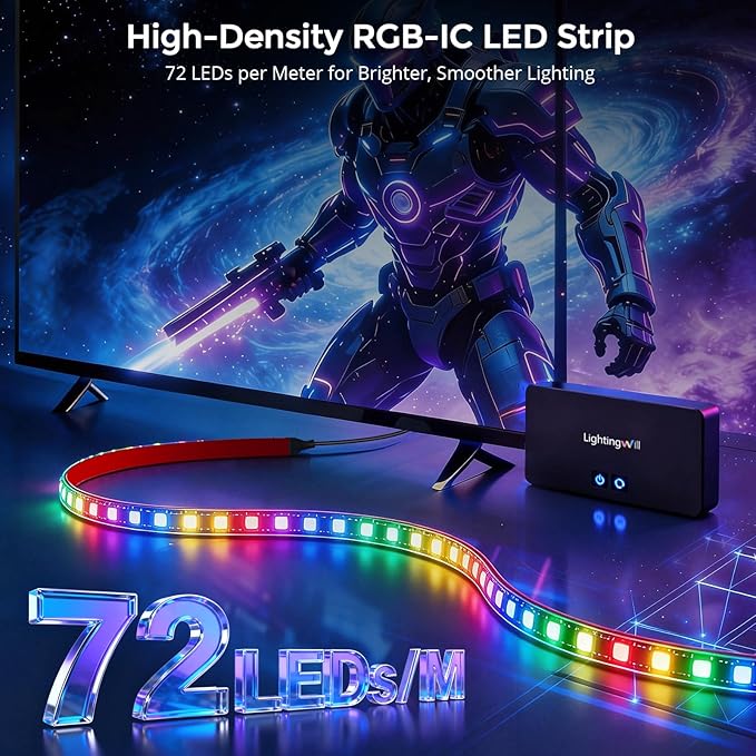 LightingWill 16.4Ft LED TV Backlight Sync to Screen with HDMI Sync Box Kit, 72 LEDs/m TV Lights that Sync with TV, 4K@60Hz RGB-IC Strip for 75-85 Inch TVs, Works with Alexa Google Home PS5 Xbox