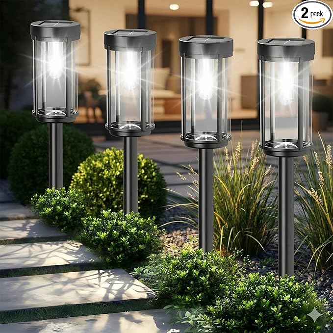Sparkblaze 2 Pack Solar Pathway Lights Outdoor, Modern Classic Solar Garden Lights, Auto On/Off Landscape Lighting for Yard, Lawn, Patio, Walkway, Waterproof Solar Stake Lights. (2, Cold White)
