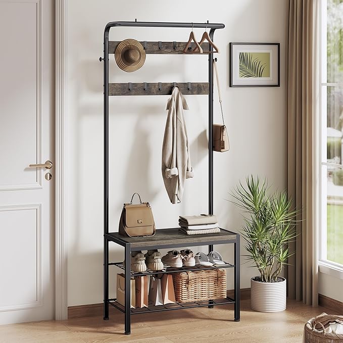 DUMOS Hall Tree with Shoe Bench and Coat Rack, Entryway Bench with Shoe Storage and Hooks, 4-in-1 Coat and Shoe Rack for Entryway, Mudroom Storage Organizer with Shelves, Industrial Grey