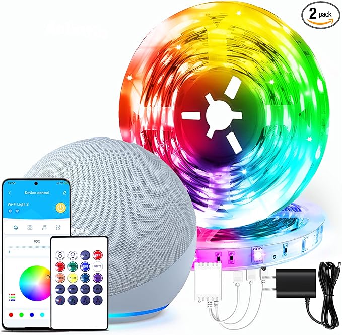 dalattin Smart WiFi Led Lights 130ft, Work with Alexa Google Assistant, APP Voice Remote Control Led Strip Lights RGB Color Changing Music Sync Led Lights for Bedroom Valentine (2 Rolls of 65.6ft)
