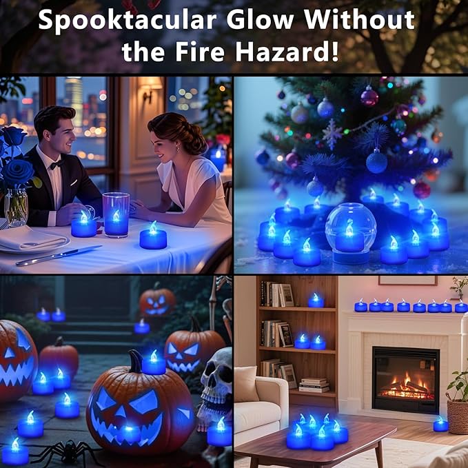 Tea Lights Battery Operated Candles LED Tea Lights Flameless Candles 200+ Hours Flickering Fake Tealights for Sweetest Day Wedding Home Decorations Party (Blue Base, 12 Pack)