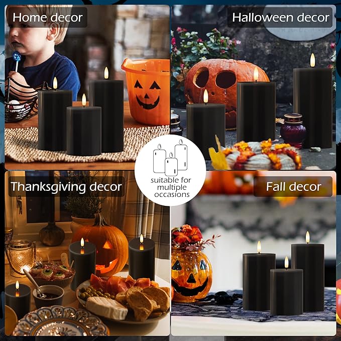 Black Flameless Candles, Halloween Candles with Remote, Battery Operated Gothic LED Candles, Real Wax Flickering Flameless Pillar Candles for Home, Party, Halloween, 3 Pack