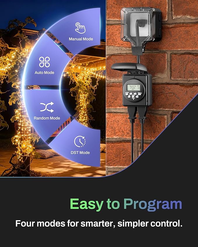 BN-LINK Digital Astronomic Landscape Timer, 7-Day Programmable Outdoor Plug with Dual Grounded Outlets, Waterproof Design for Christmas Lights and Holiday Decorations