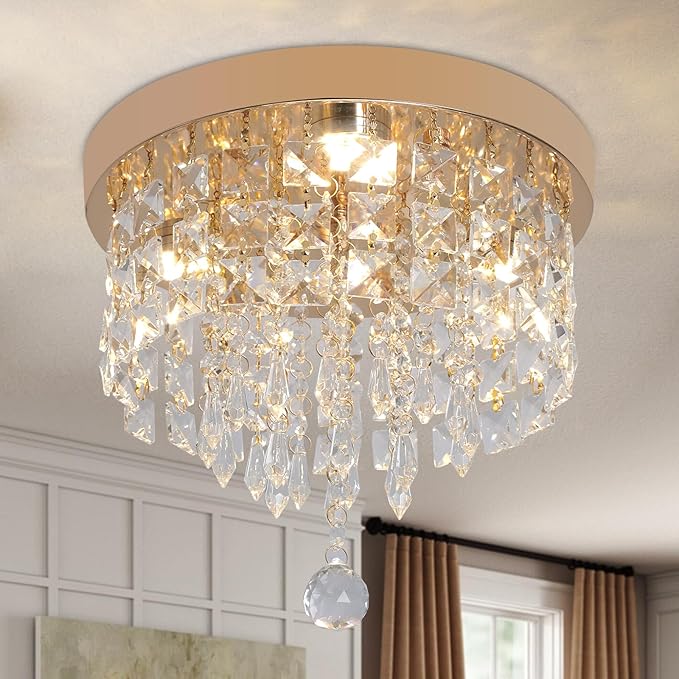 Deckrico Gold Crystal Chandelier Flush Mount Ceiling Light – Modern LED Lighting Fixture for Bedroom, Closet, Bathroom, Hallway – Warm Light