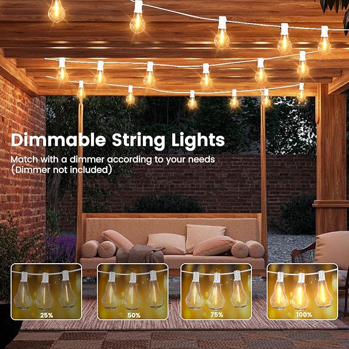Outdoor String Lights LED String Lights for Outside with 27 Shatterproof Bulbs (2 Spare), 50FT Porch White Hanging String Light for Balcony Pergola Gazebo Patio Decor White Cord