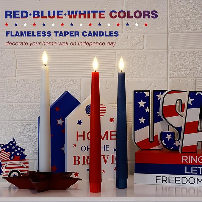 Patriotic Flameless Taper Candles With 3D Wick - 9.6" Real Wax Red White and Blue With Remote and Timer - 4th of July LED Battery Operated Fake Candles, 3 Pack