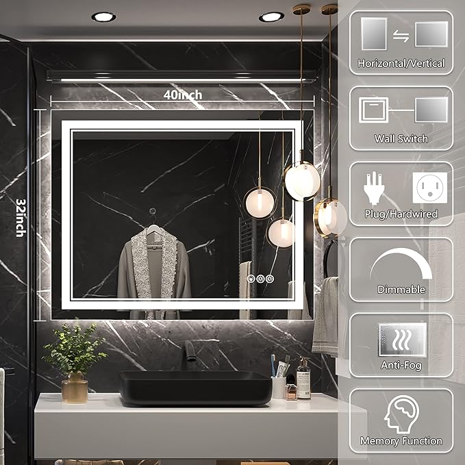 40x32 Inch Led Mirror for Bathroom with Front Light and Backlit, Bathroom Mirror with Led Lights, Vanity Mirror with Lights for Wall, Anti-Fog, Dimmable, Memory Function, Tempered Glass