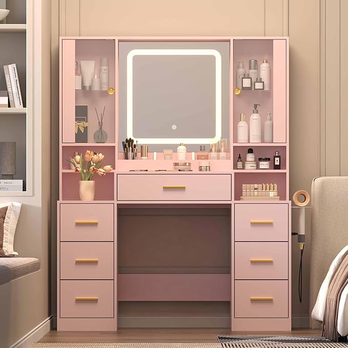Pink Makeup Vanity Desk with Mirror & Lights, Modern Vanity Table with Charging Station, 7 Drawers, Glass Cabinet, Adjustable Shelves, Bedroom Dressing Table Set for Women & Girls