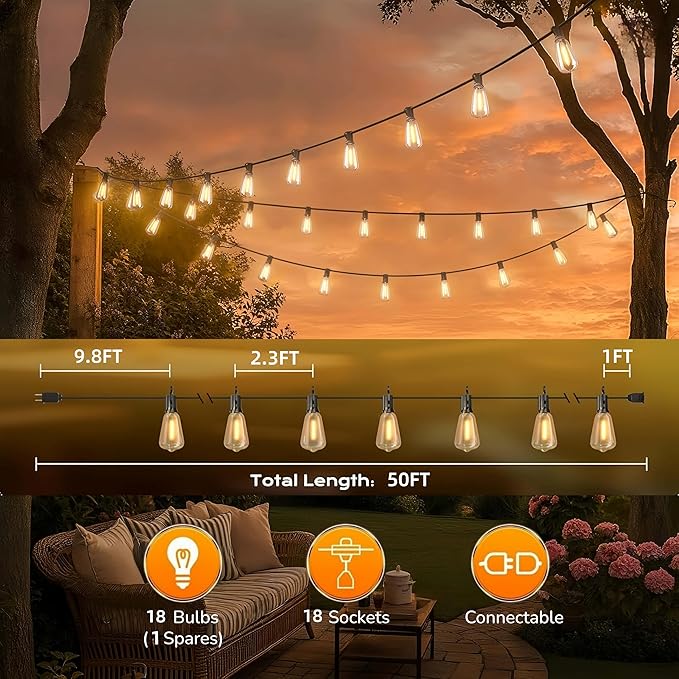 GPATIO Outdoor String Lights, 50FT ST38 Bulbs Shatterproof Patio Lights, Waterproof Dimmable Outside Hanging Light, Connectable LED Outdoor Lights for Backyard, Porch, Party, Garden, Home Decor