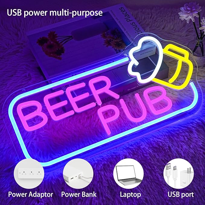 Beer Pub Neon Sign for Wall Decor,Dimmable Bar Neon Light,USB Powered Beer Led Light Up Sign for Man Cave,Home Bar,Store,Cafe,Pub,Club Party
