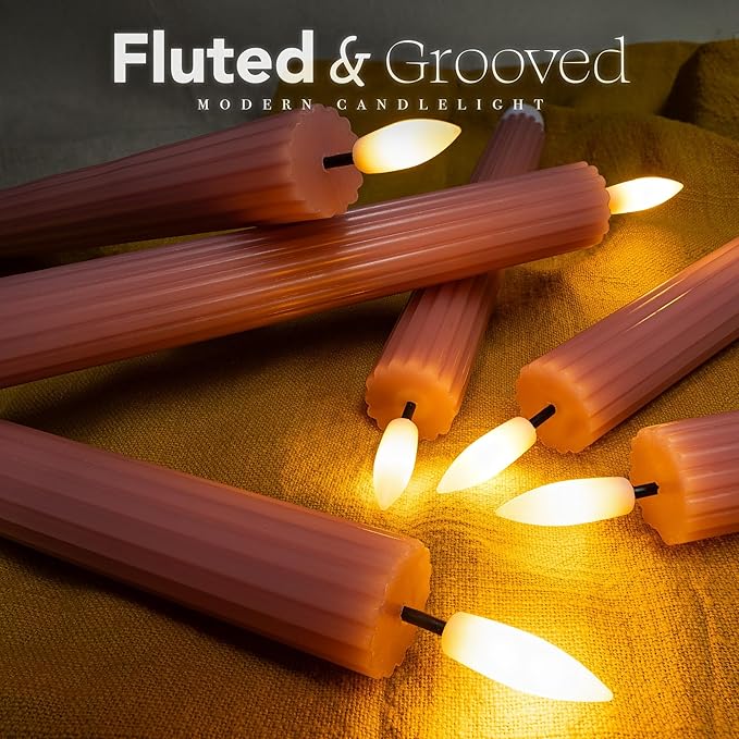 WYZworks 10" Fluted Ribbed LED Dusty Rose Grooved Pillar Candles, Remote & 24h Timer Memory, On/Off Switch - Flameless Dimmable Battery Operated w/Flicker Mode, Home Wedding Decor (12 Pack)