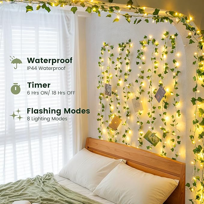 HEYFUNi Vines with Lights, 23 Ft 73 Led Fake Ivy String Lights Plug in, Leaf Lights for Bedroom, Wall, Balcony, Wedding Decor, Warm White