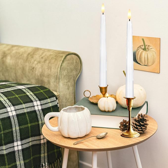 White Flameless Taper Candles with Remote and Timer, 9.68" Dripping Wax Look Battery LED Candlesticks with 3D Flickering Flame, Plastic Candle Set of 2 for Christmas, Wedding, Home Decor