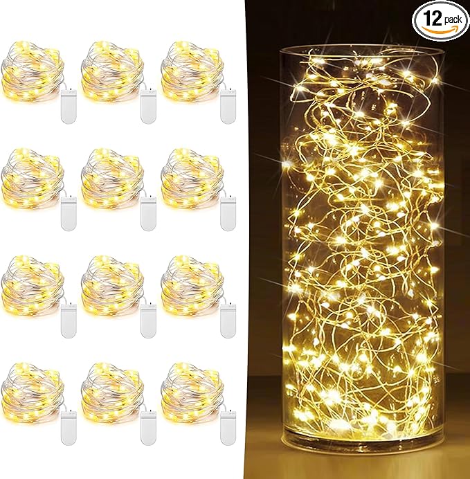 12 Pack Fairy Lights Battery Operated 7ft 20 LED Mini String Lights Twinkle Lights Silver Wire Firefly Starry Lights for Mason Jars Wedding Party Christmas Centerpiece Table Decorations, Warm White