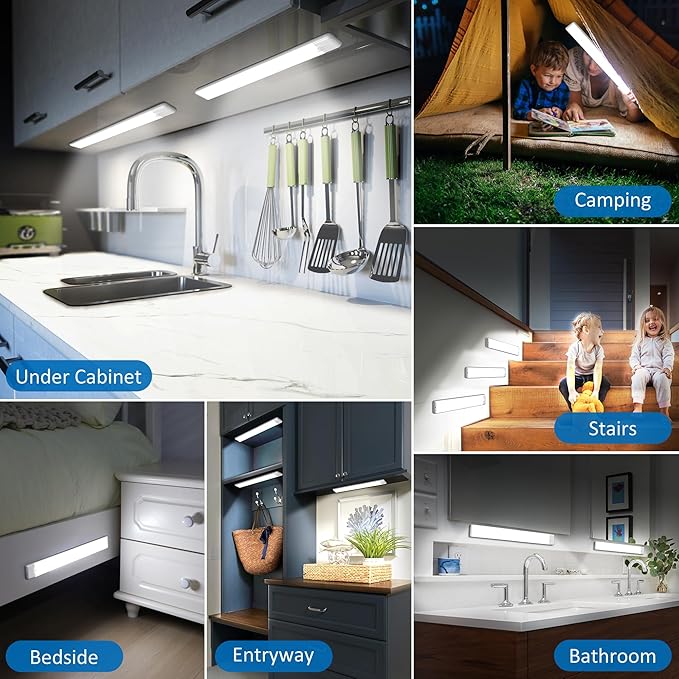15.9 inch Motion Sensor Under Cabinet Lights, Magnetic Rechargeable Under Counter Closet Light, Wireless Night Light Bar Stick-On, Cool White, 3-Pack