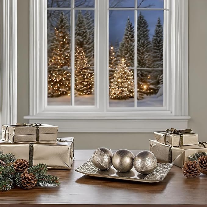 Creative Scents Dublin Silver Decorative Tray and Orbs Balls Set - Centerpiece Bowl with Balls for Dining room Table, Rustic Coffee Table Decor for Living Room Decor, Gift Boxed