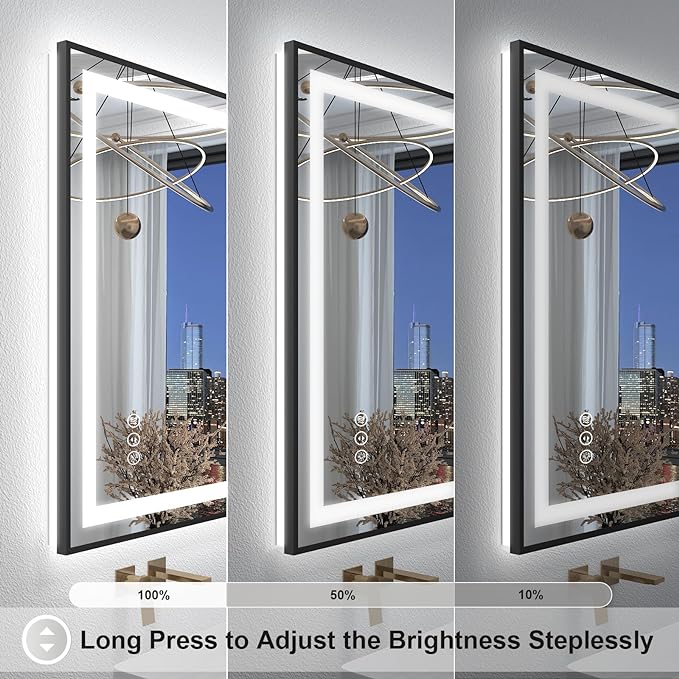 OKPAL 66x40 LED Bathroom Mirror with Lights, Frontlit & Backlit Lighted Bathroom Mirror, Black Lighted Vanity Mirror, Anti-Fog, Dimmable 3 Colors, Shatterproof, Horizontal/Vertical
